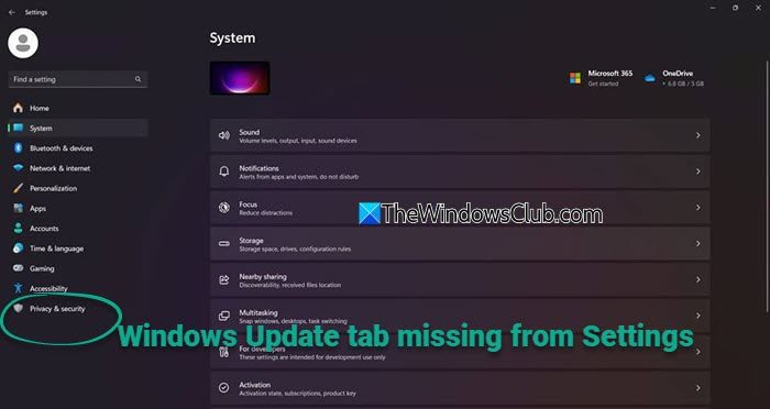 Windows Update tab missing from Settings