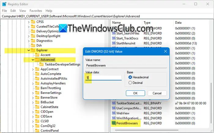 Restore previous folder windows at logon using Registry