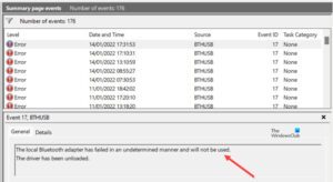 Local Bluetooth adapter has failed in an undetermined manner
