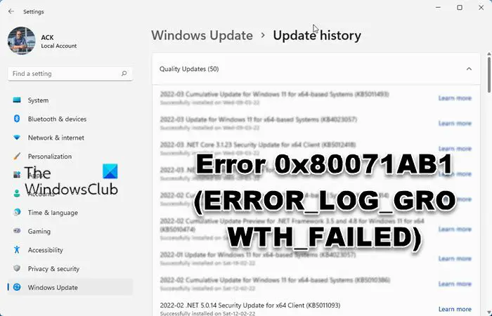 Erreur 0X80071Ab1 (Error_Log_Growth_Failed)