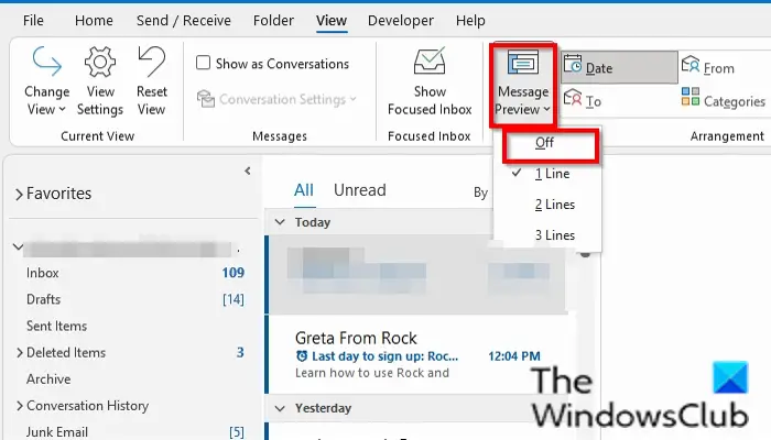 How To Turn Off Message Preview In Outlook Thewindowsclub