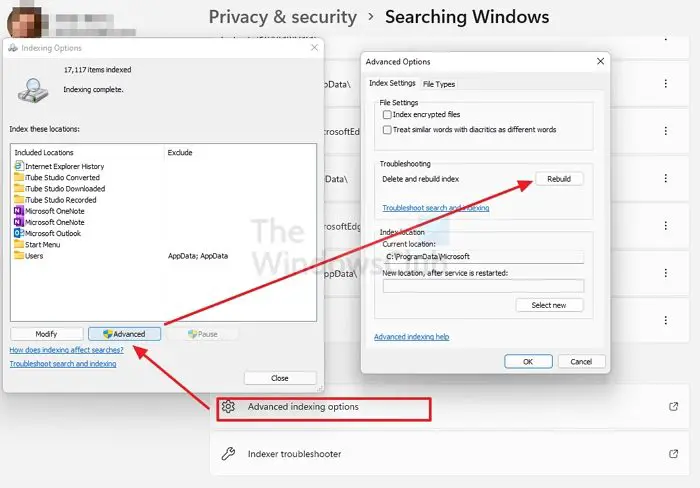 Rebuild Indexing Windows