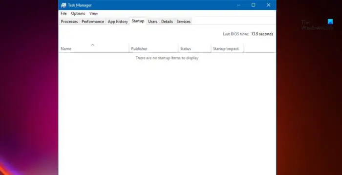 There are no startup items to display in Task Manager