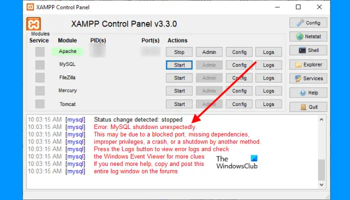 MySQL shutdown unexpectedly