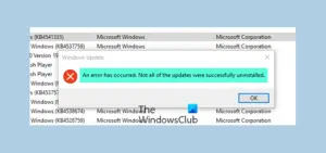 error occurred not all of the updates were successfully uninstalled