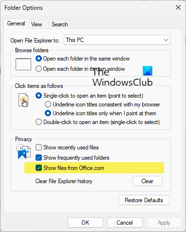 How to hide files from Office Online in Explorer Quick Access