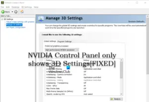 nvidia control panel only showing 3d settings