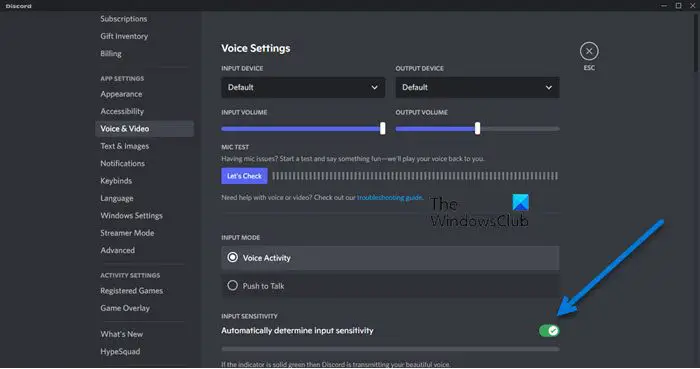 Discord automatically determines Input Sensitivity of Mic