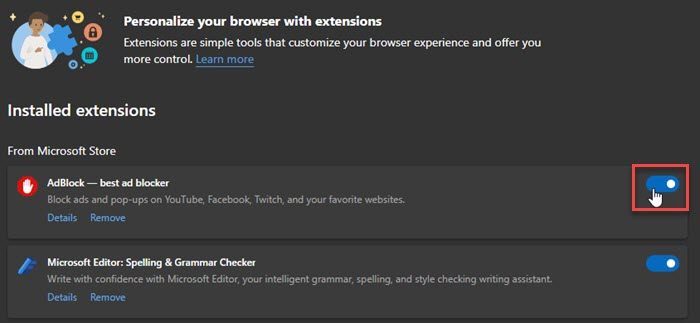 installed extensions in microsoft edge