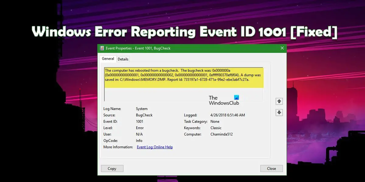 Windows Error Reporting Event ID 1001