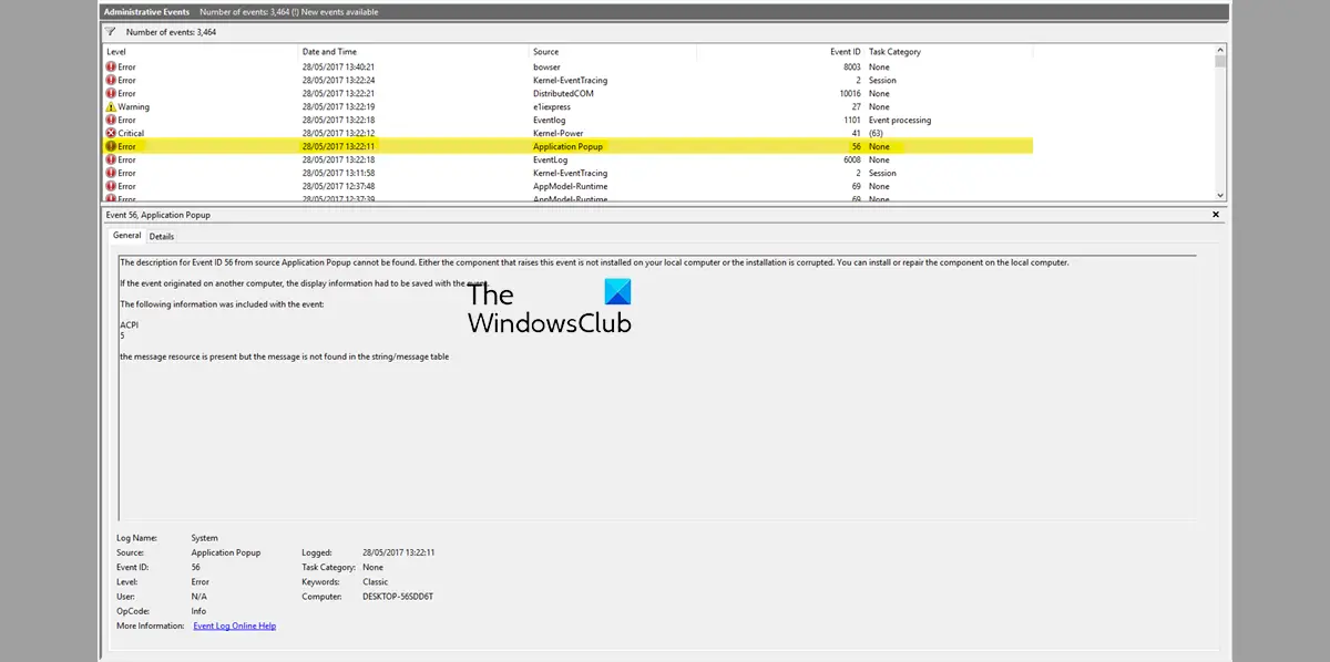 Event ID 56 Application Popup error