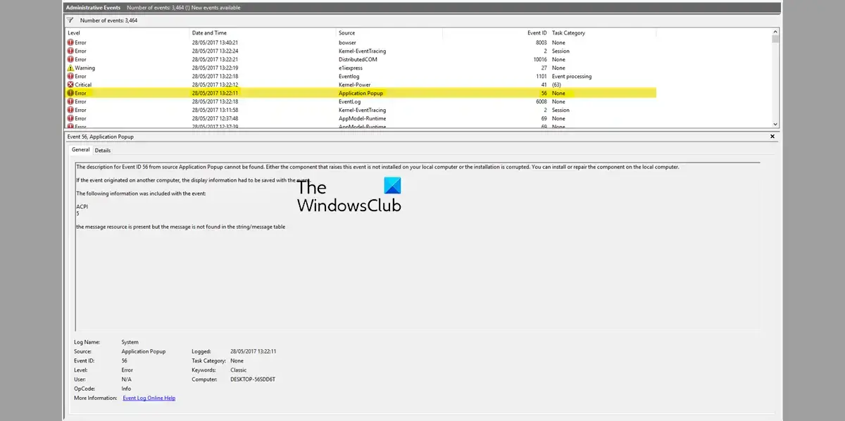 Event ID 56 Application Popup error