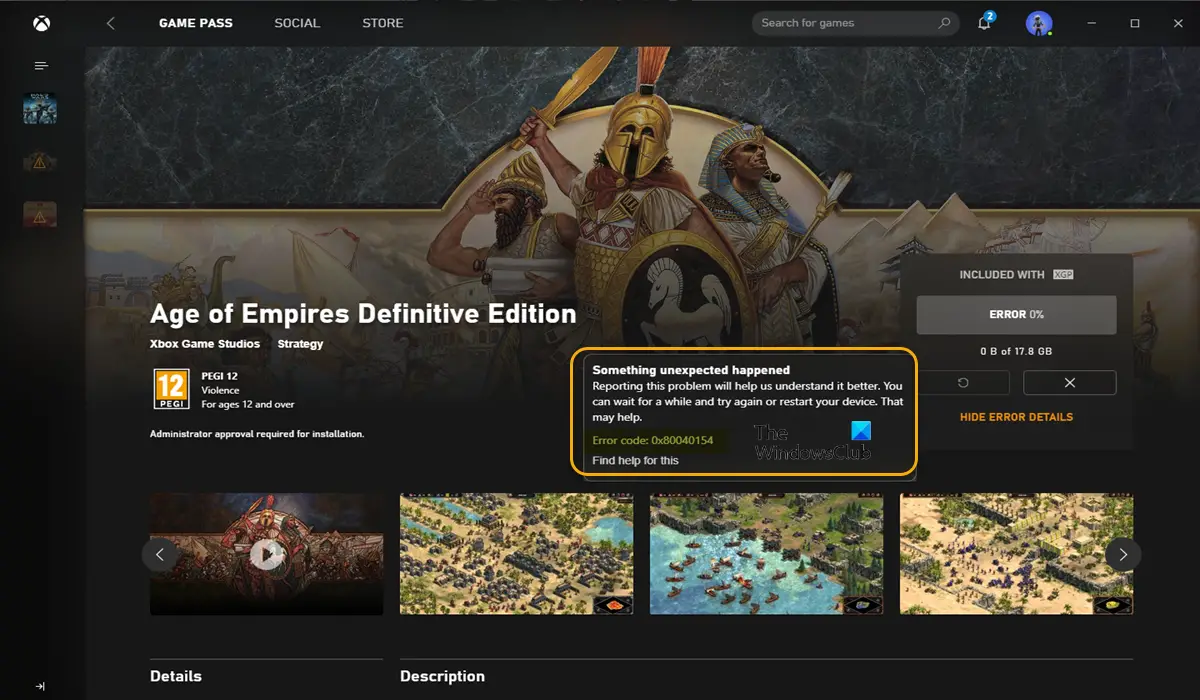 Xbox App error code 0x80040154