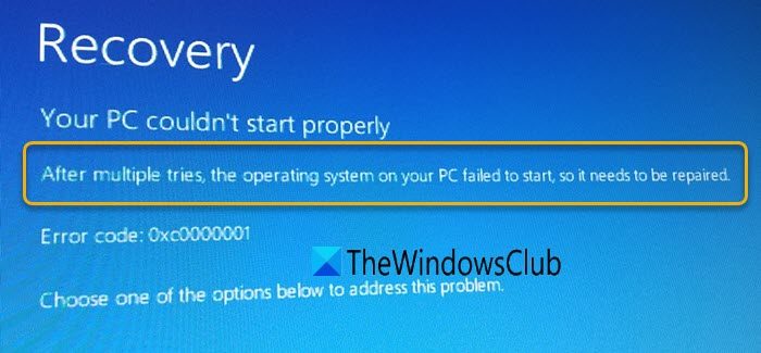 After multiple retries, the operating system on your PC failed to start