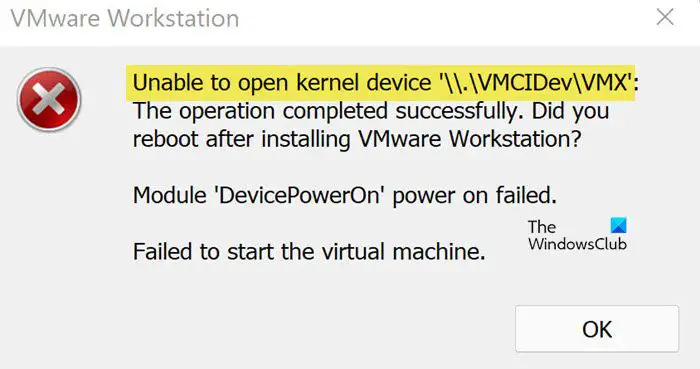 Unable to open kernel device \.vmcidevvmx