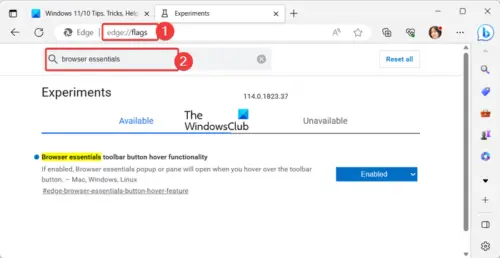 Disable Browser Essentials (Heart) button from Edge toolbar