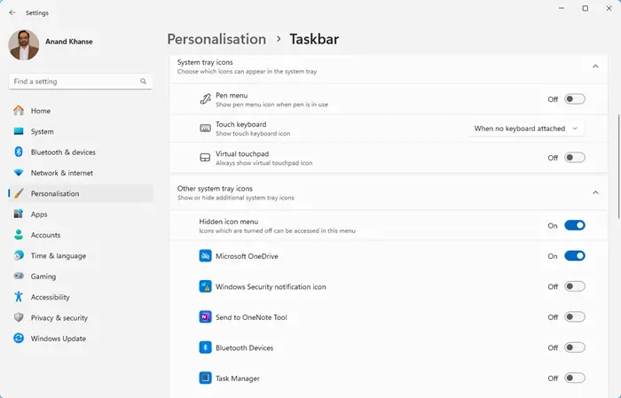 Turn System Icons On or Off in Windows 11 Taskbar