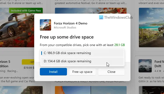 Pick a Drive for installation in Microsoft Store before downloading the app