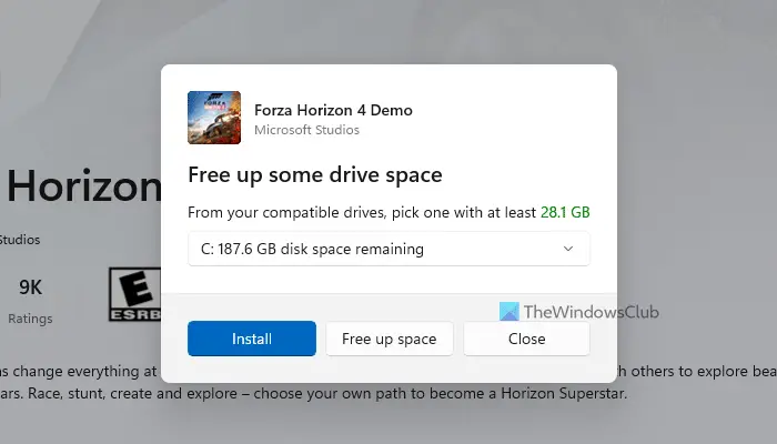 Pick a Drive for installation in Microsoft Store before downloading the app