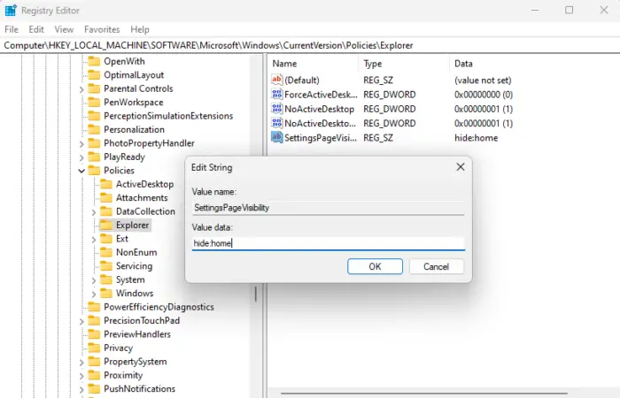 Enable-disable the Settings Home page using Registry Editor