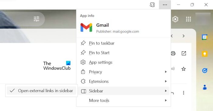 Barra lateral en la aplicación Gmail para Edge