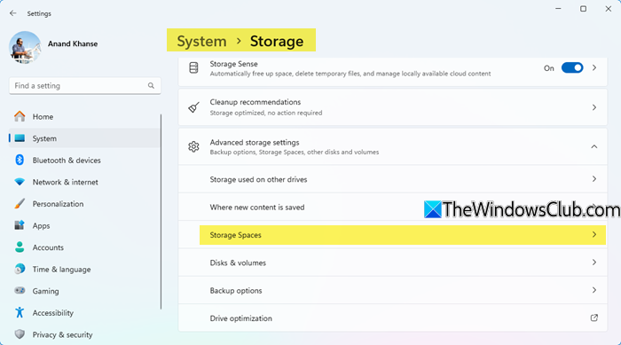 Manage Storage Spaces via Windows Settings