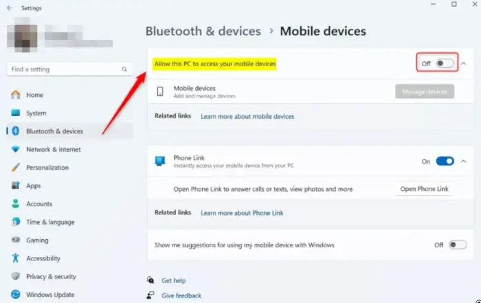 Stop Or Allow This PC To Access Your Mobile Devices On Windows 11