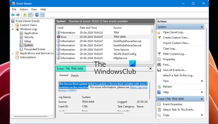Event ID 1796, TPM-WMI, The Secure Boot update failed