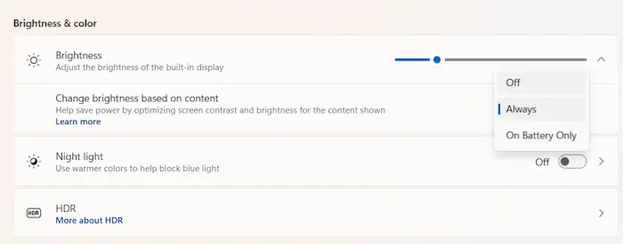 Turn off Adaptive brightness Windows 11