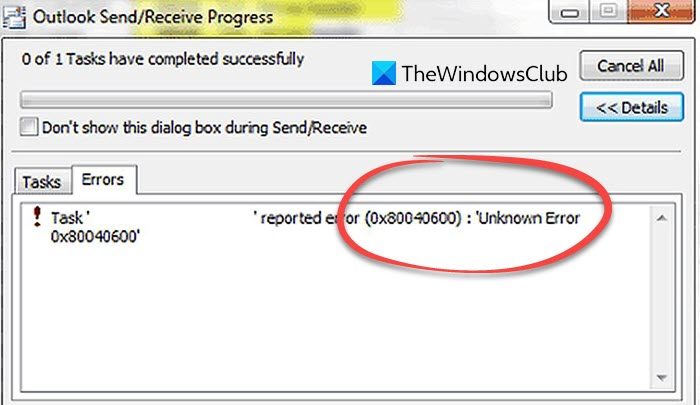 Unknown Error 0x80040600 in Outlook