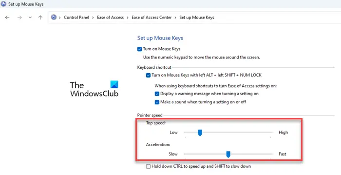 Change Mouse Keys Speed or Acceleration using Control Panel
