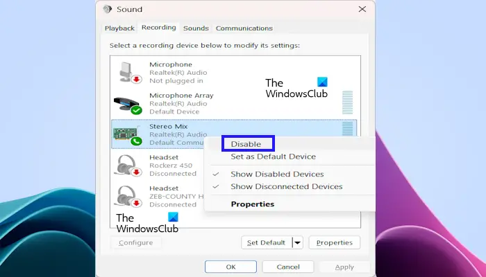 Disable the Stereo Mix setting