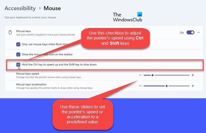 Mouse Keys settings in Windows Settings app