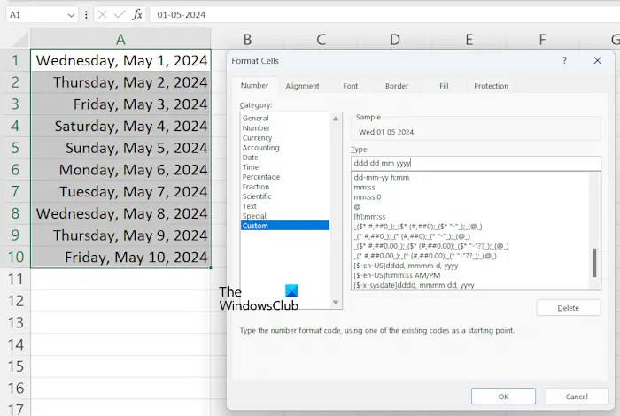 Select Custom date format in Excel