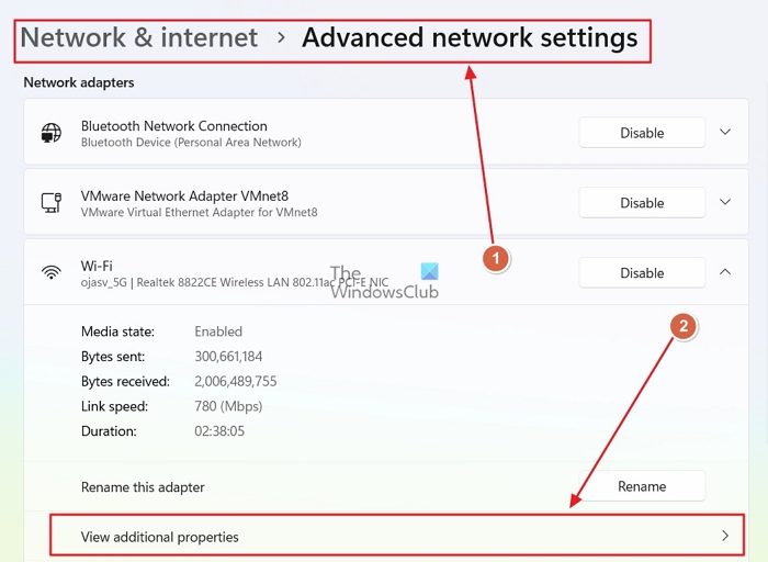 View Additional network properties for Wifi Adapter
