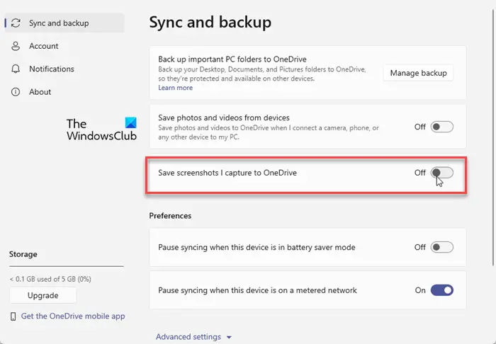 Disable Save screenshots I capture to OneDrive