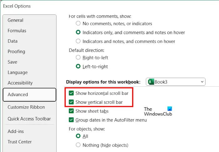 Enable scroll bar in Excel