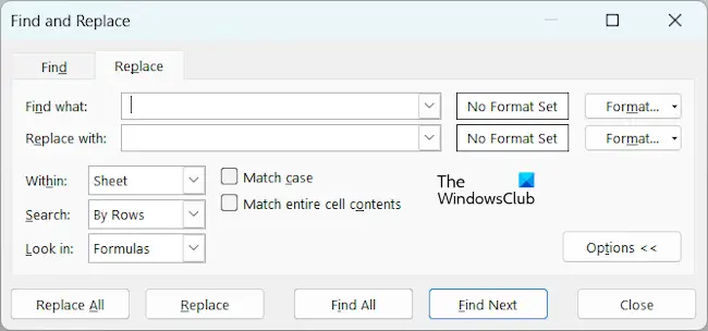 Find and Replace window in Excel