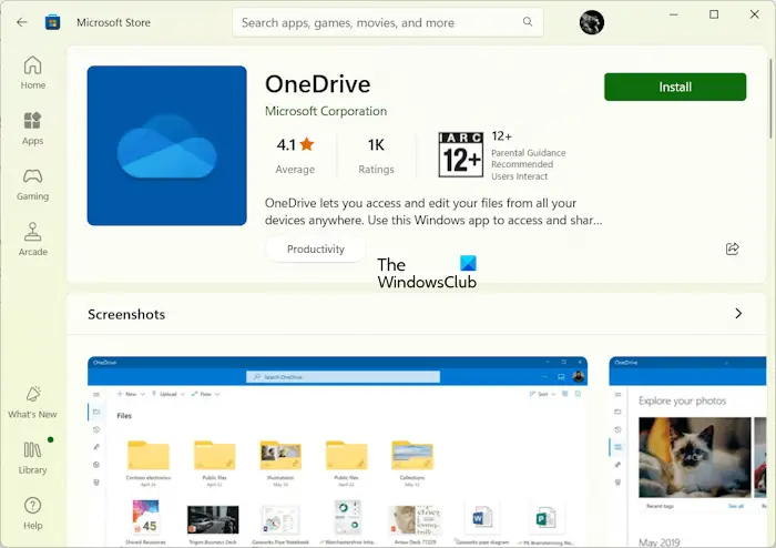 OneDrive Microsoft Store app