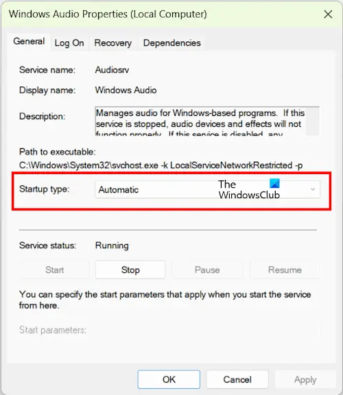 Windows Audio Service Startup Type