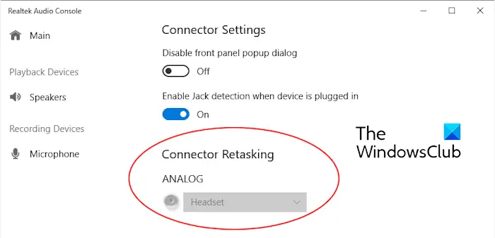 Realtek Audio Console Connector Retasking greyed out