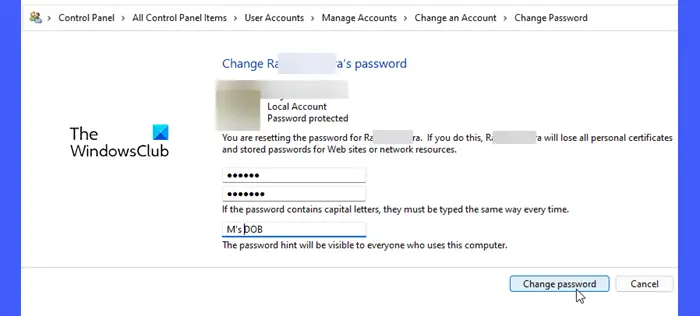 Change password in Control Panel