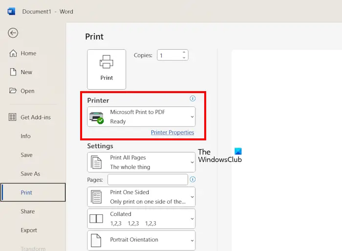 Microsoft Print to PDF Word file