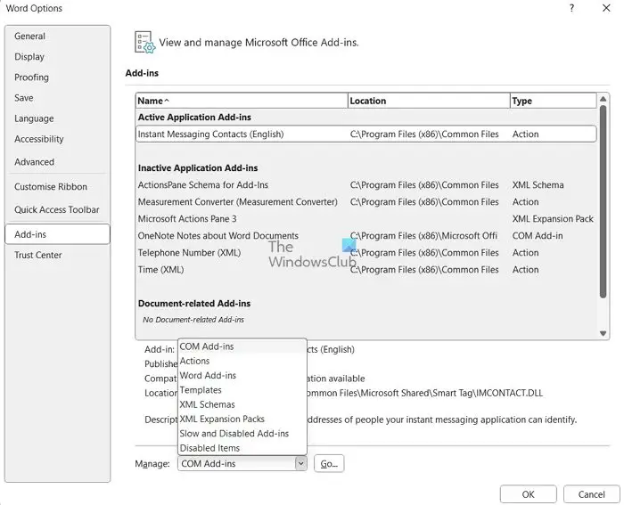 Microsoft Word Options Add-ins