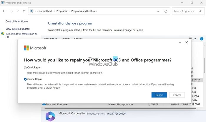 Online Repair Microsoft Office