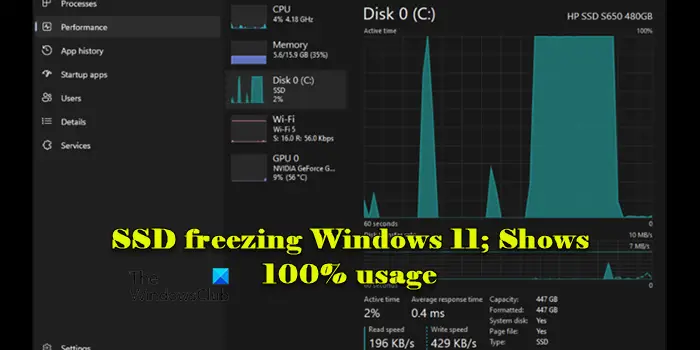 SSD freezing Windows 11; Shows 100% usage