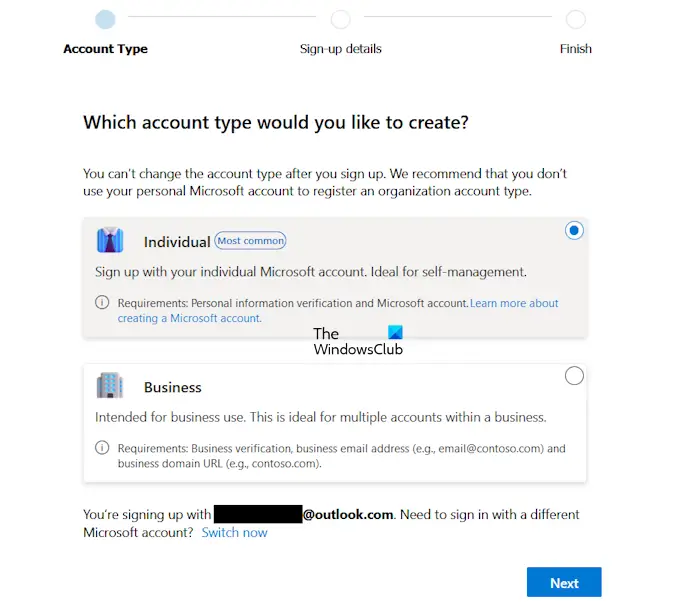 Select your accout type Microsoft pubCenter