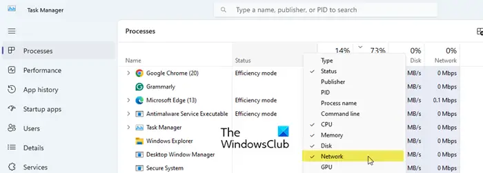 Show Network column in Task Manager