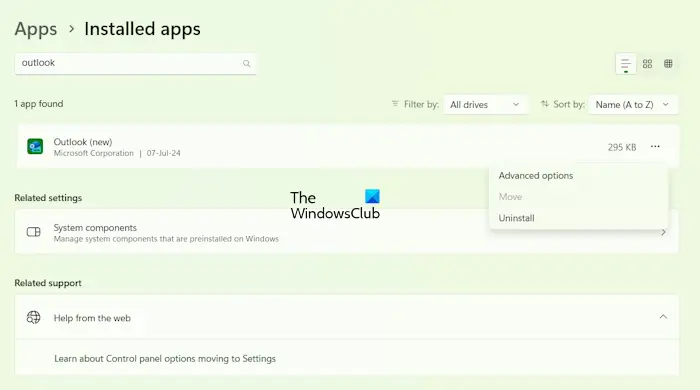 Uninstall Outlook (new) app
