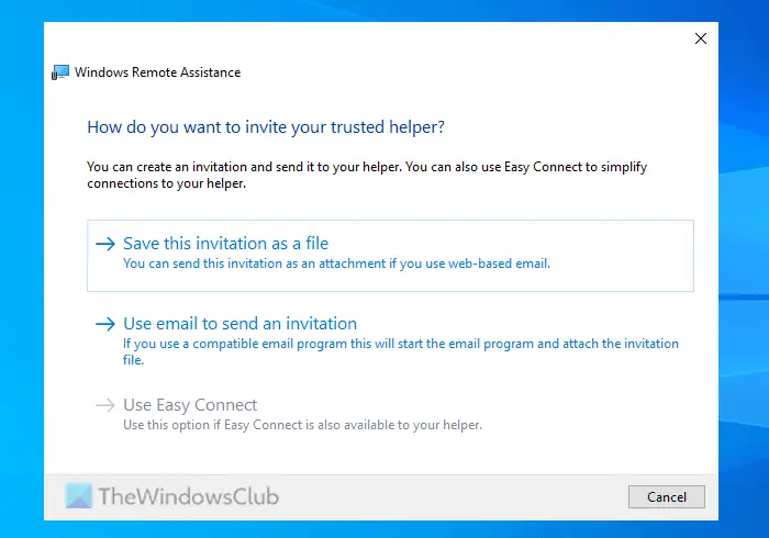 Use email to send an invitation option grayed out in Windows Remote Assistance